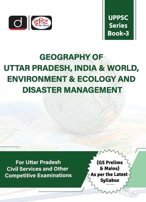 Drishti UPPSC Series Book 3 cover featuring Geography of Uttar Pradesh, India & World, Environmental topics.