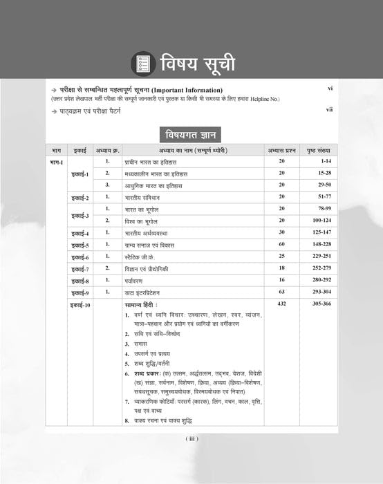 Examcart Uttar Pradesh Lekhpal study guide table of contents with important information for exam preparation.