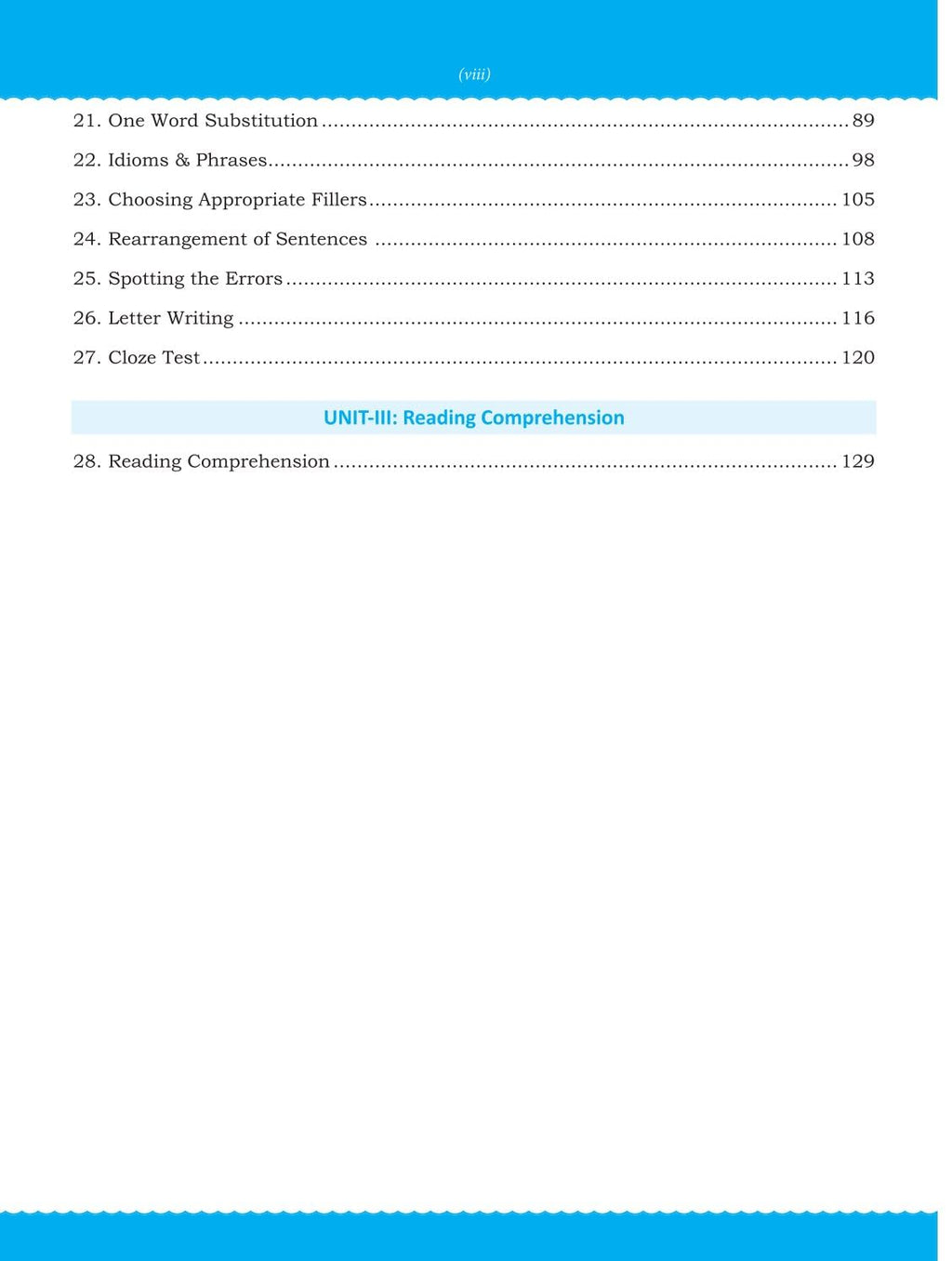 Table of contents for Drishti CUET UG 2025 Exam English Language study guide, including reading comprehension and other topics.