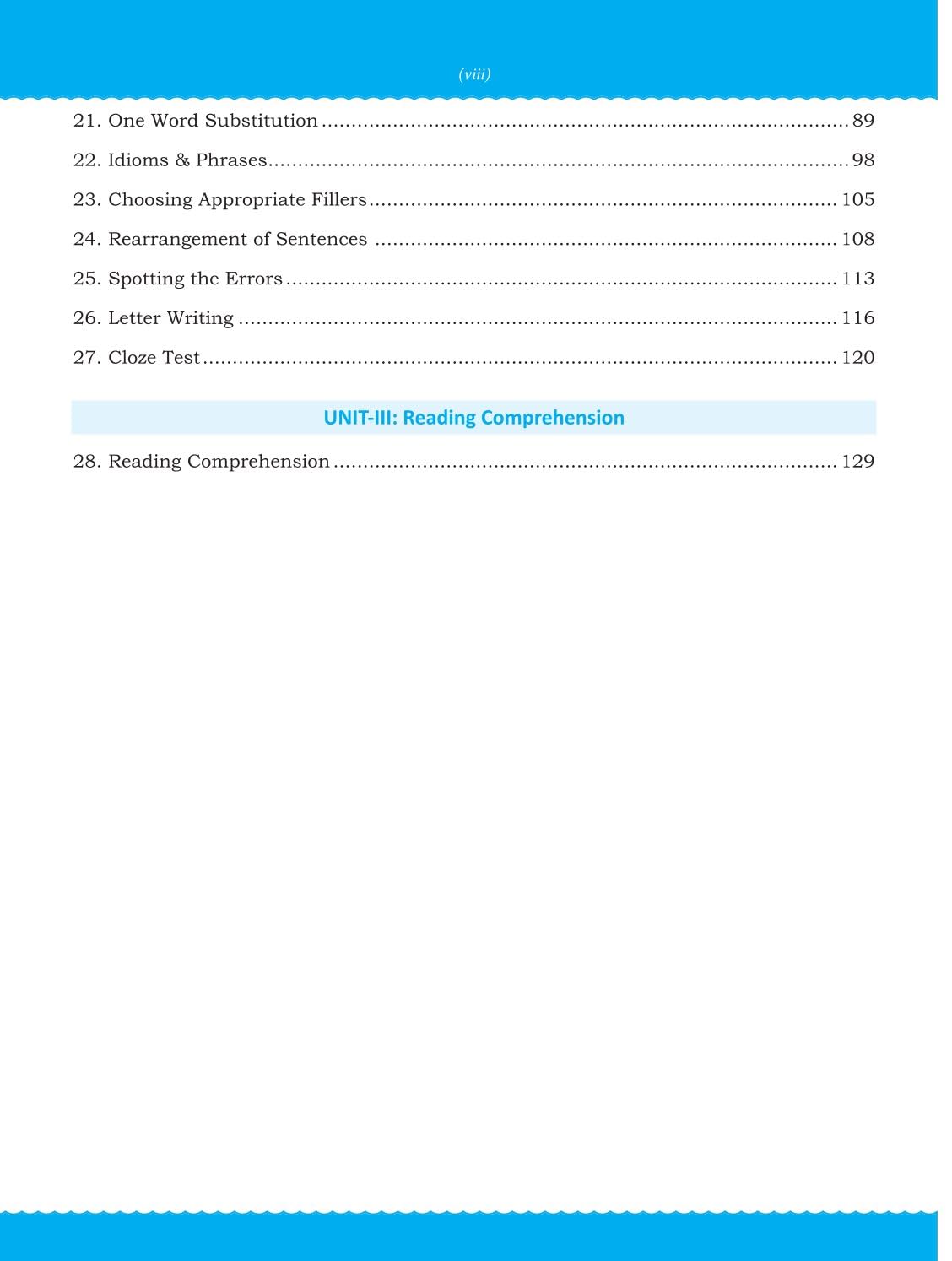 Table of contents for Drishti CUET UG 2025 Exam English Language study guide, including reading comprehension and other topics.