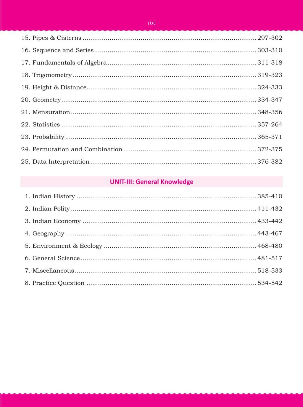 Table of contents for Drishti CUET For 2025 exam covering Logical Reasoning, General Knowledge and more.
