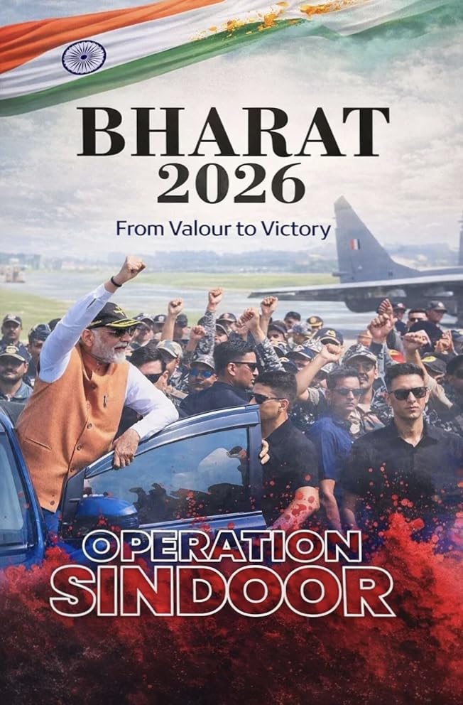 Cover of Bharat 2026: From Valour to Victory – Operation Sindoor book featuring military personnel and patriotic imagery.