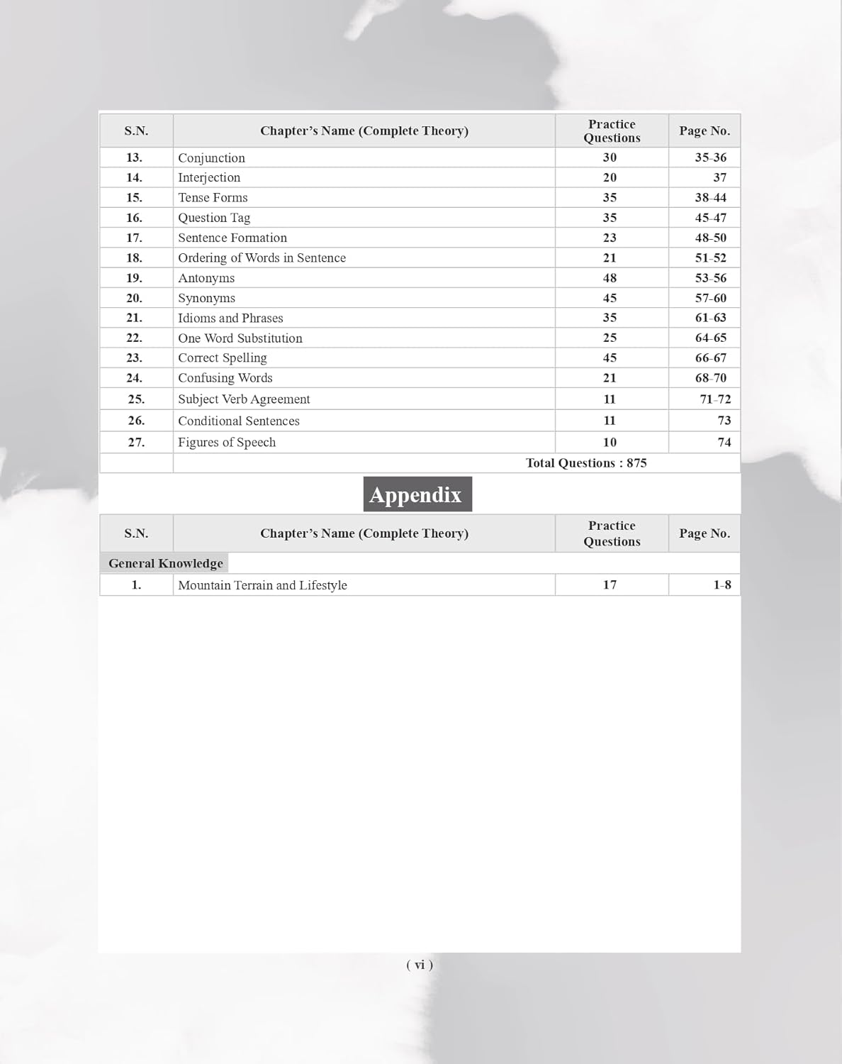 Page from Examcart All India Sainik School Class 6 Entrance Exam Study Guide, listing chapters and practice questions.