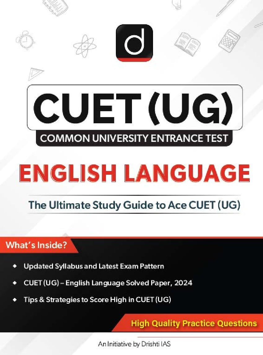 Drishti CUET UG 2025 Exam English Language Ultimate Study Guide cover with updated syllabus and practice questions.