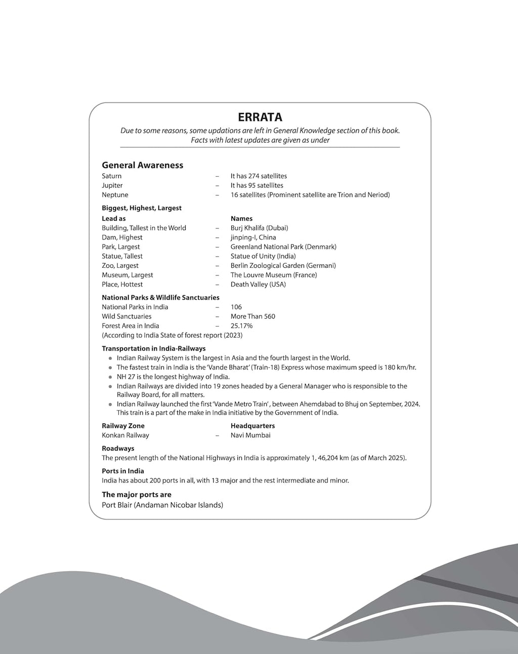 Errata page with general awareness updates and facts for the Arihant Success Master UPTET Paper 1 book.