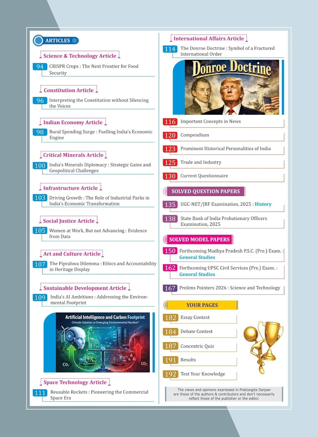 Table of contents from Pratiyogita Darpan April 2026, featuring articles on current affairs and exam preparation.