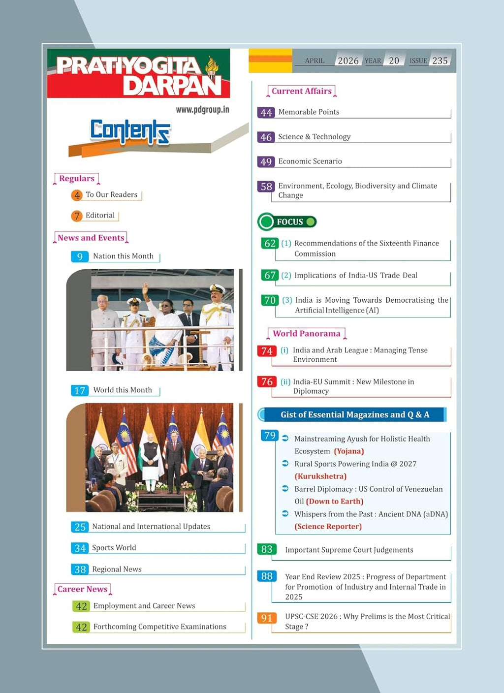 Pratiyogita Darpan April 2026 Contents page featuring current affairs, news, and exam preparation sections.
