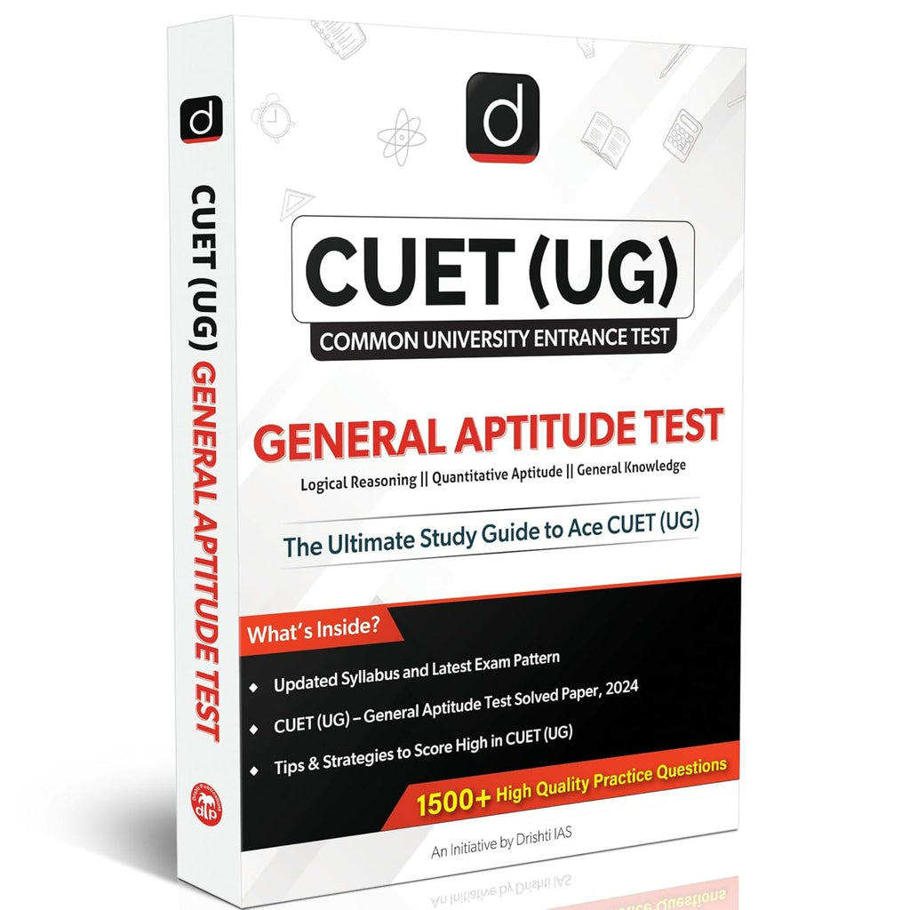Drishti CUET For 2025 study guide cover featuring General Aptitude Test, Logical Reasoning, and Quantitative Aptitude.