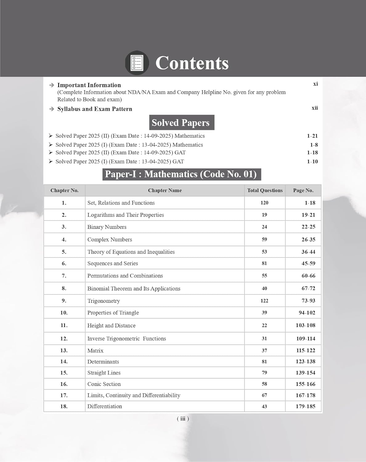 Examcart Conquer Defence NDA NA Mathematics contents page with chapter details and total questions listed.