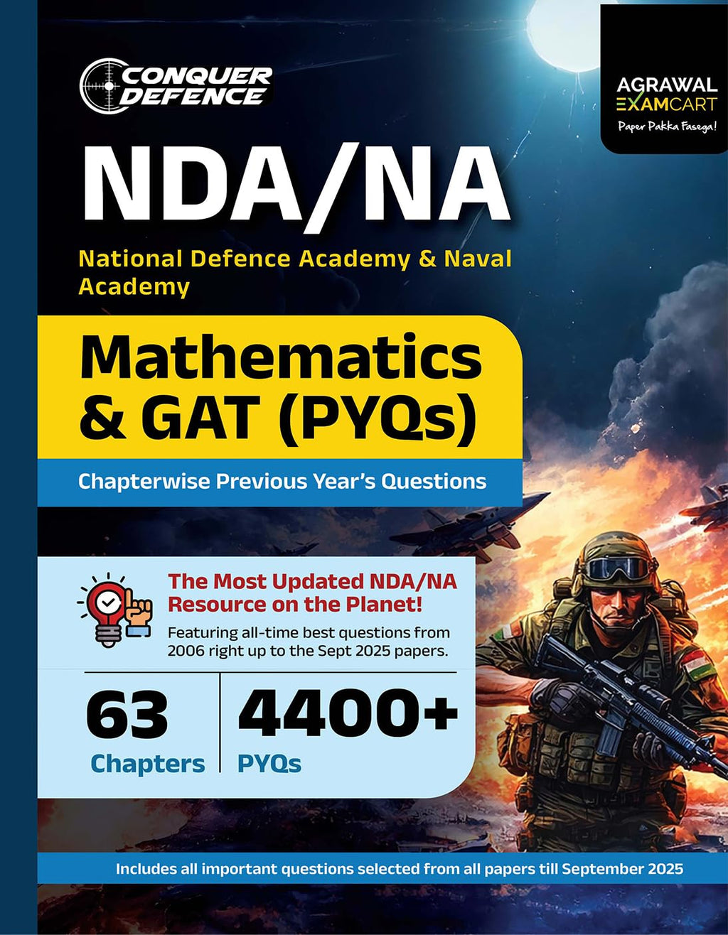 Examcart Conquer Defence NDA NA Mathematics and General Ability book cover with 4400+ previous year questions.