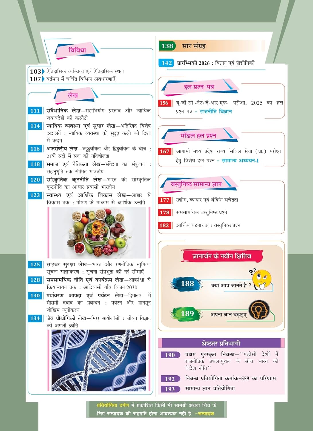 Pratiyogita Darpan April 2026 content page showcasing current affairs and model papers for Hindi prelims 2026.