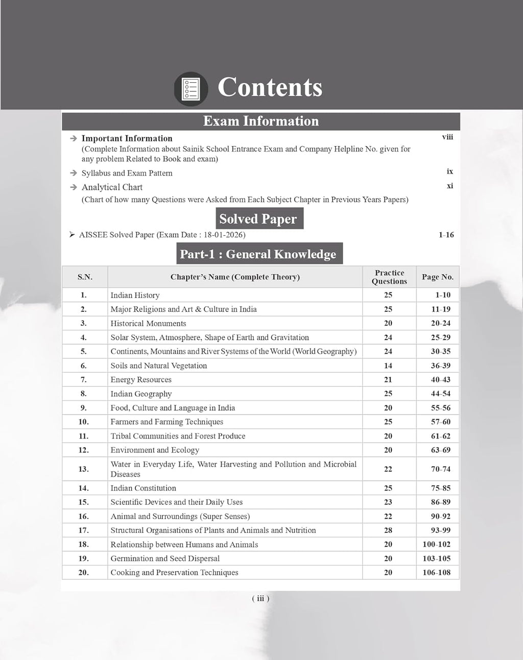 Contents page of Examcart All India Sainik School Class 6 Entrance Exam Study Guide including chapters and questions.