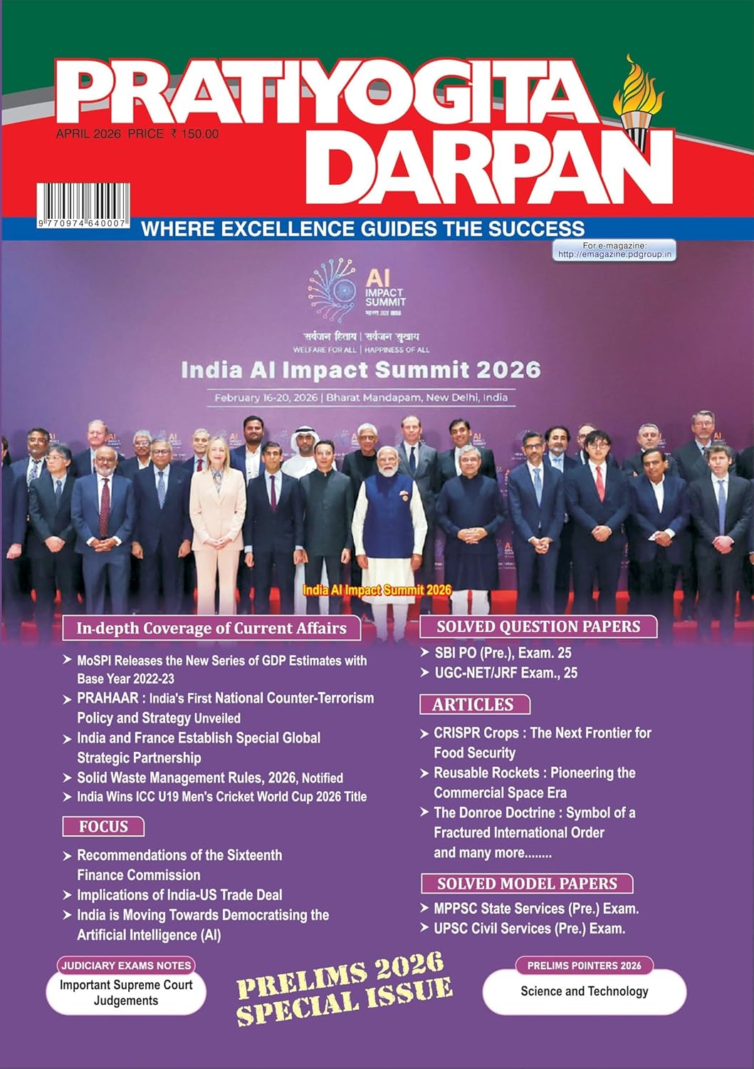 Pratiyogita Darpan April 2026 English Magazine cover featuring Prelims 2026 Special Issue and current affairs.
