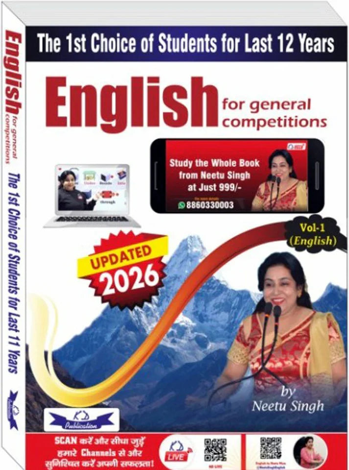 English for General Competitions Vol-1 Updated Edition 2026 book cover by Neetu Singh with promotional details.