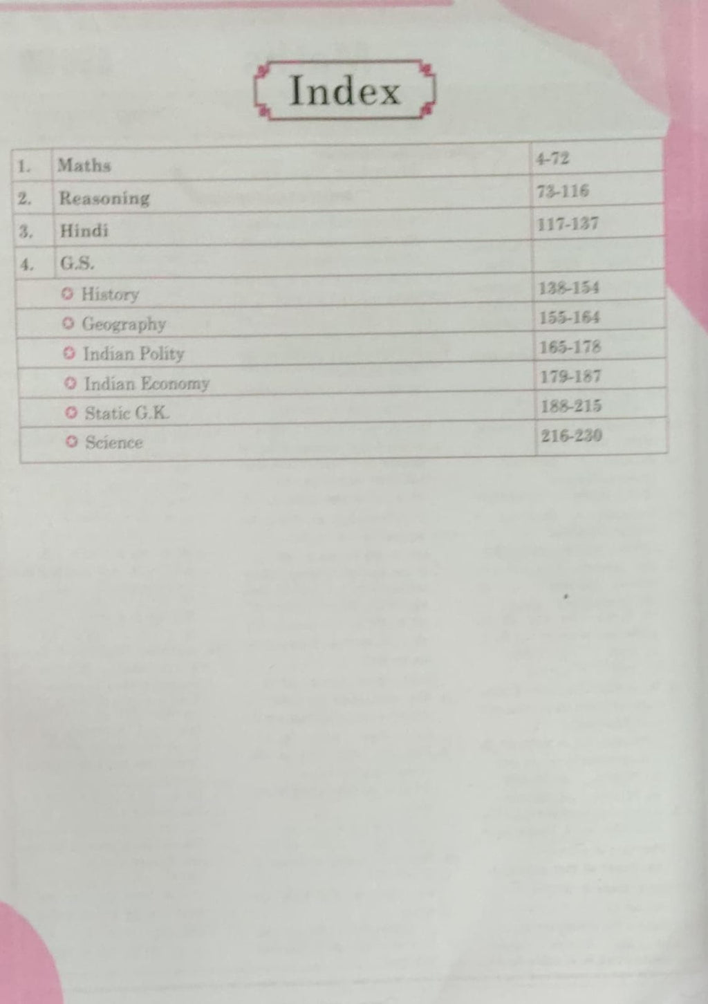 Index page of Ankit Bhati Sir SSC GD 2026 Gagar Me Sagar Book detailing subjects and page numbers.